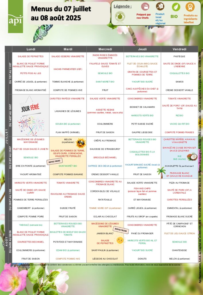 Repas cantine été 2025